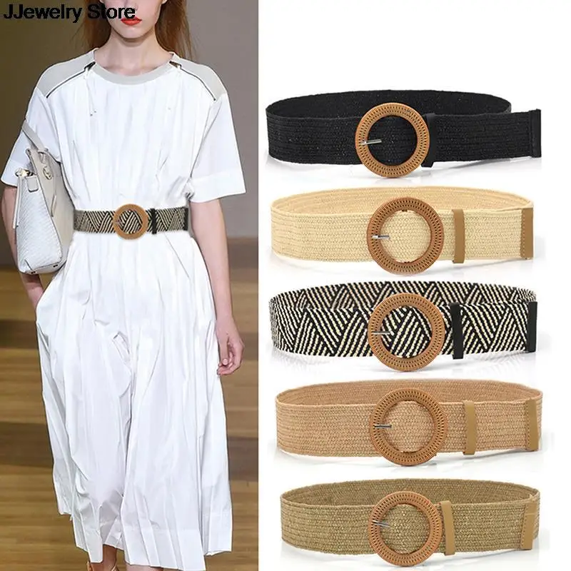 Women Braided Elastic Belt Round Square Wooden Buckle Vintage Bohe Straw Buckle Belt Summer Women Knitted Belt Dress Belt