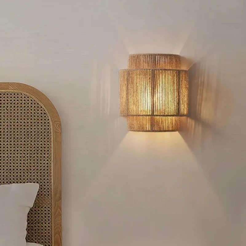 Boho Farmhouse Wall Sconces Natural Twine Hand Knit Wall Lamps Rustic E27 1-Light Hemp Rope Rattan Lampshades Indoor Wall Lights