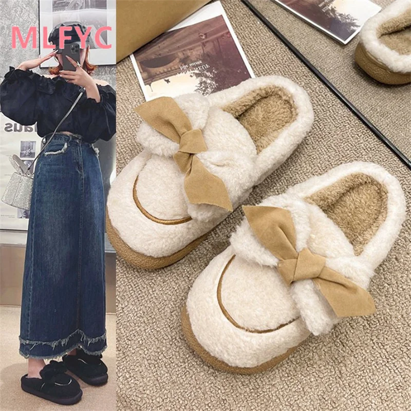 

2023 Cotton Slippers female Winter Thick Sole External Wear Cotton Shoes Indoor Cute Bow Cotton Slippers mujer Casual Slippers