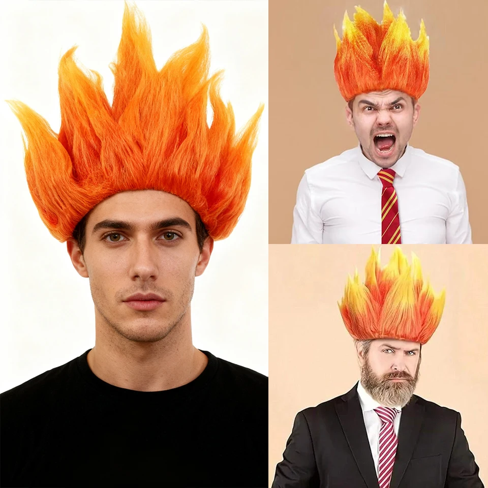 Peruca Anime Flame, design espetado pré-estilo, fibra sintética dupla laranja e amarela, curta de 12" para cosplay e festas de Halloween