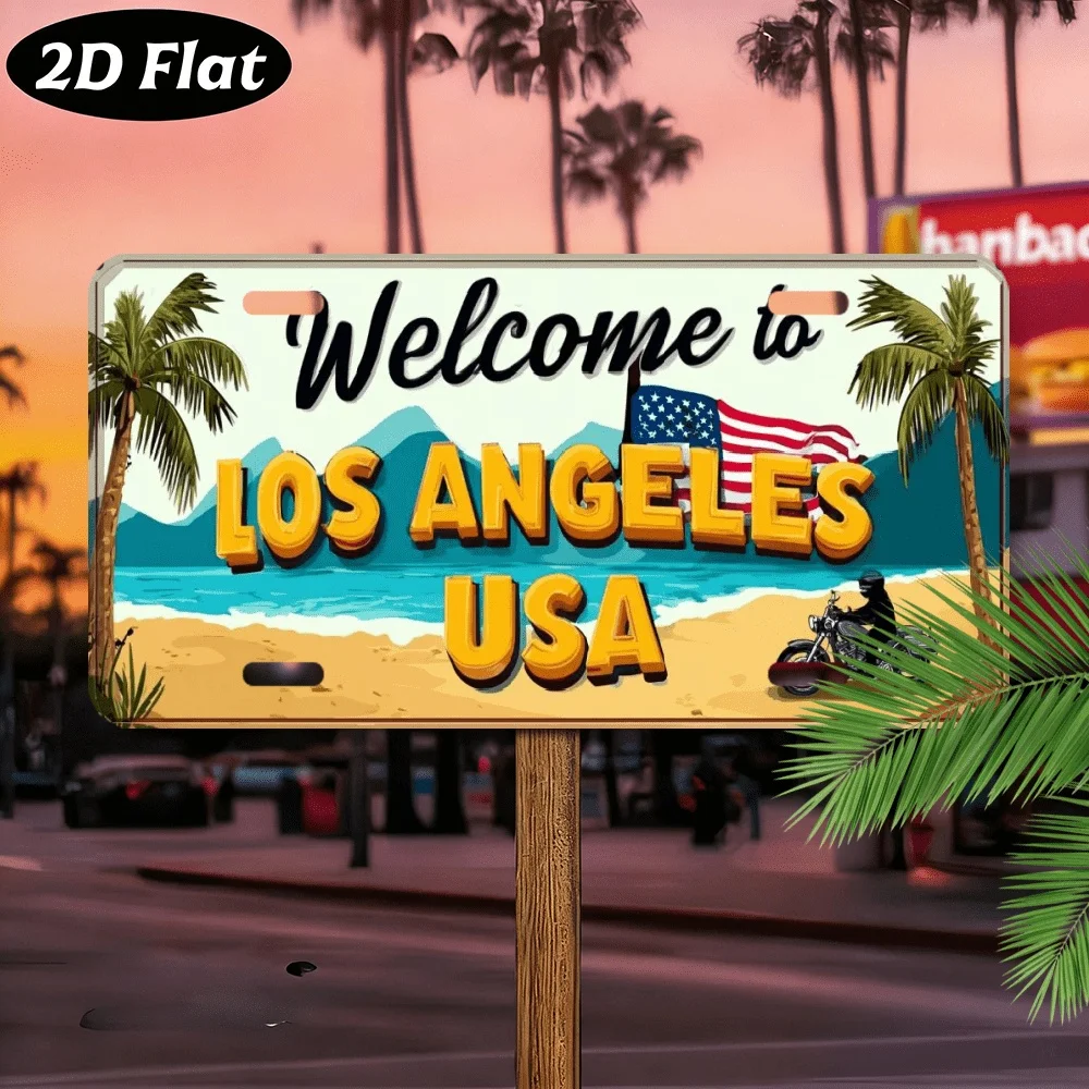 2D Flat, 1pc Vintage Los Angeles License Plate - Retro Metal Wall Decor with Palm Trees American Flag - Heavy-Duty Sign for Home