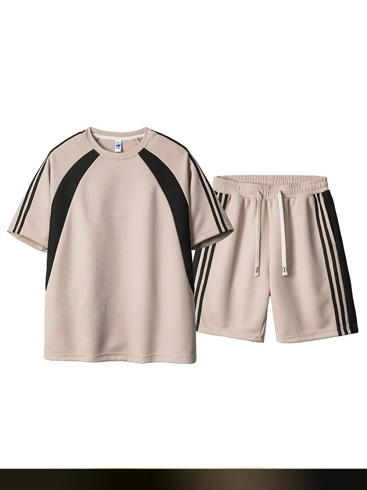 

Loose Casual Spor ort Sve round Ne Two-Piece Set Men's Summer New Sle Retro Stripes Color Blo orts NTED