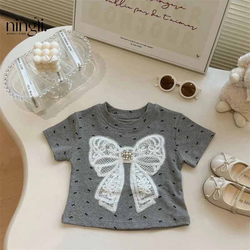 

Girls' Summer Outfit Set with Bowknot Polka Dot Short Sleeve Top and Lace Cake Skirt Two-Piece Trendy