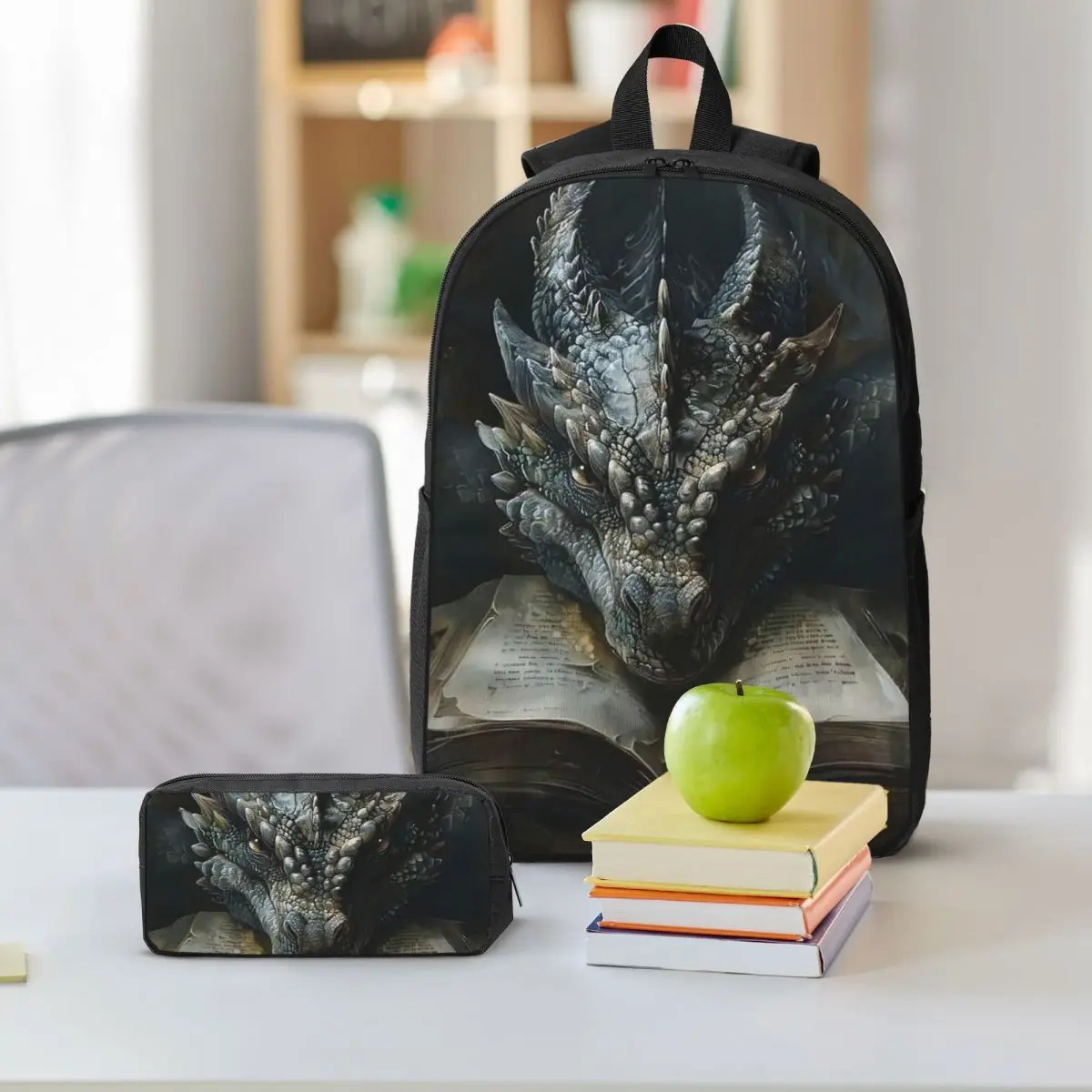 Black Dragon On Books Vintage Backpack Student BookBag School Bag Shoulder Bags 3ps Insulated Lunch Bag Pencil Case