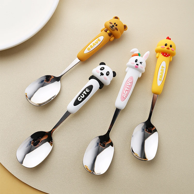 

Cute Stainless Steel Spoon Ice Cream Coffee Dessert Spoon Panda Rabbit Brown Bear Silicone Handle Spoon Kitchen Accessories