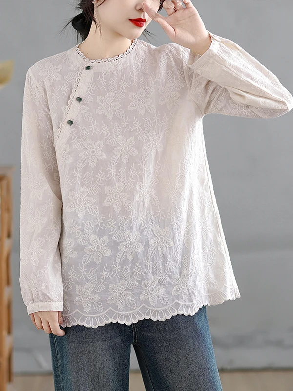 

Elegant Women's Cotton Embroidered Ruffle Casual Base Shirt Spring 2026 New Arrival Fashion Comfortable Breathable Top