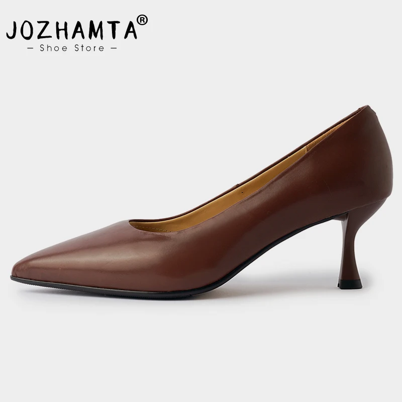 JOZHAMTA Size 34-40 Women Pumps Vintage Genuine Leather Thin High Heels Shoes Sexy Pointy Toe Elegant Spring Office Lady Dress