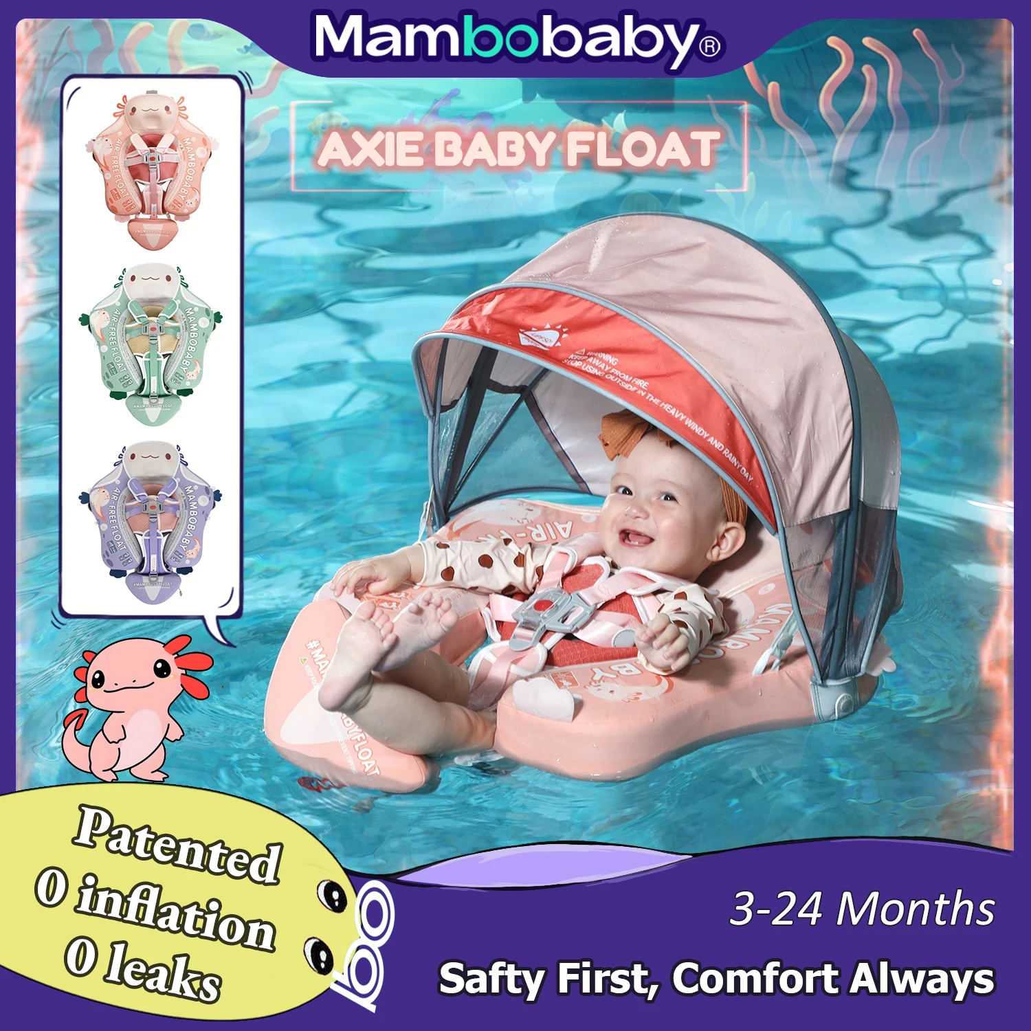 عوامة حمام السباحة للأطفال من Mambobaby Float Axie: مدرب سباحة آمن ومريح للرضع والأطفال الصغار، مظلة غير قابلة للنفخ للحماية من الأشعة فوق البنفسجية