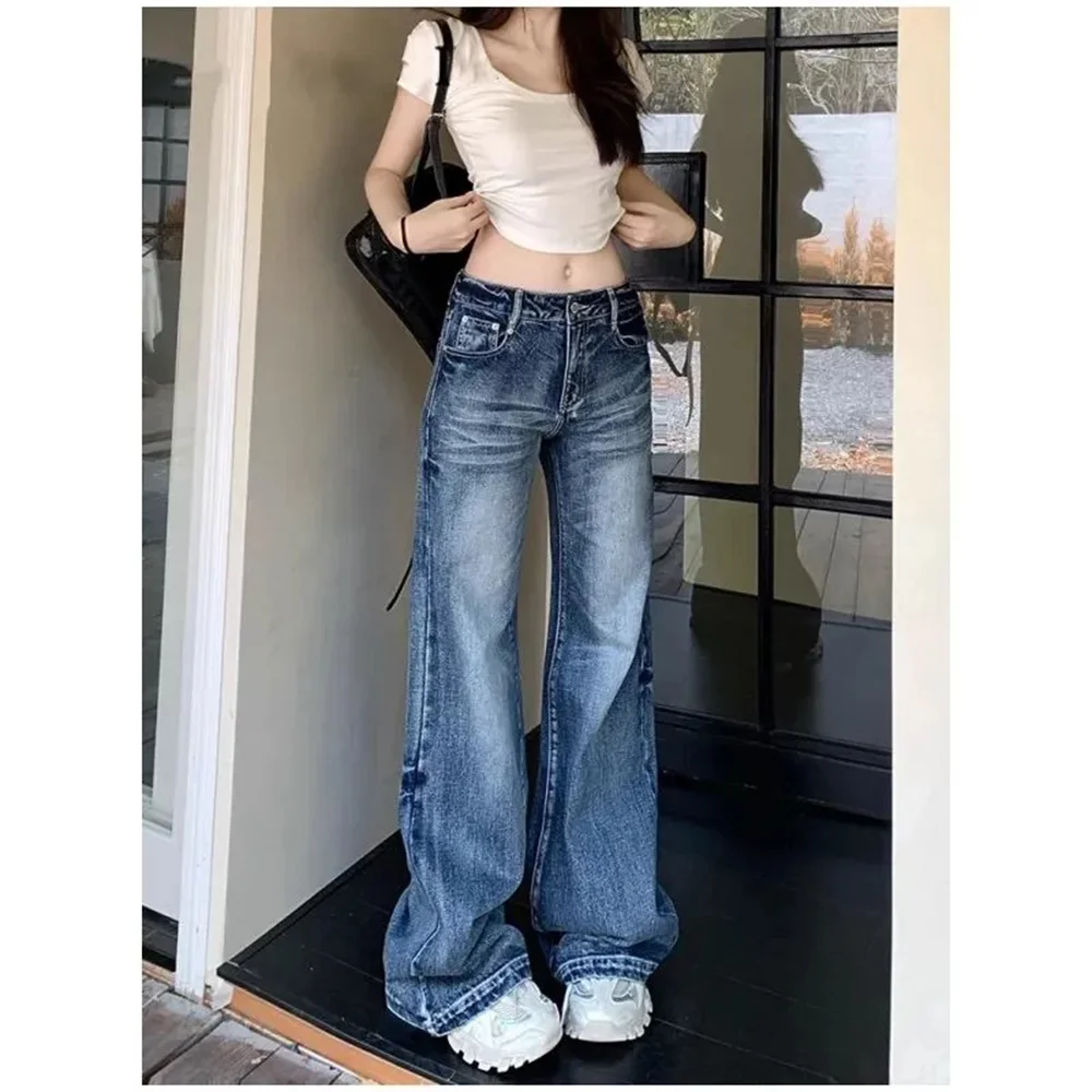 

American Loose Wide Leg Jeans for Women Streetwear Vintage Straight Baggy Y2k High Waist Casual Denim Pants Washed Blue Trousers