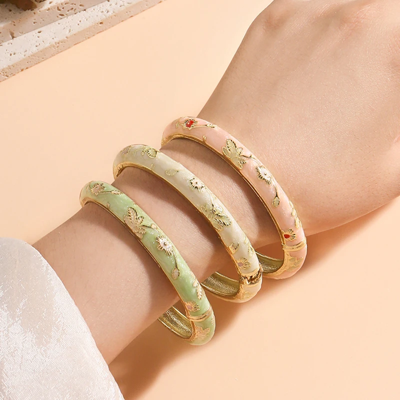 

Jardme 3PCS Vintage Flower Bracelet For Women Elegant Luxury Colorful Enamel Glaze Cloisonne Open Bangle Jewelry Gifts