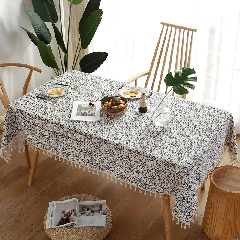 

P0174 retro blue and white porcelain cotton linen ins rectangular dining table tablecloth tassel table cushion tea table t