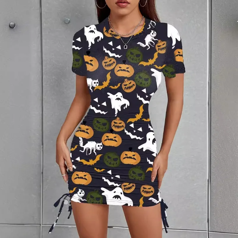 

Halloween Bat Witch Hat Pumpkin Ghost Women Dress New Fashion Female Clothes Women's Sexy Skinny Short Sleeve Wrap Hip Dresses