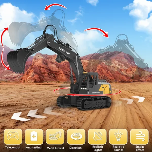 1:20 Scale Black Alloy Remote Control Excavator with 12-Way Functionality for Kids and Adults, Realistic Construction Vehicle