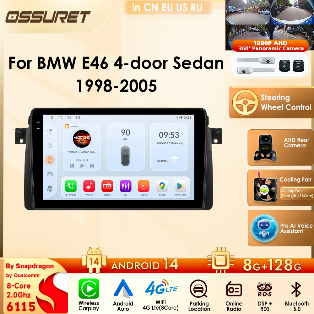 Ossuret 4G-Lte Car Radio Android Auto For for BMW E46 Sedan Hatchback Smart Car Systems GPS Navigation Carplay Bluetooth 360cam