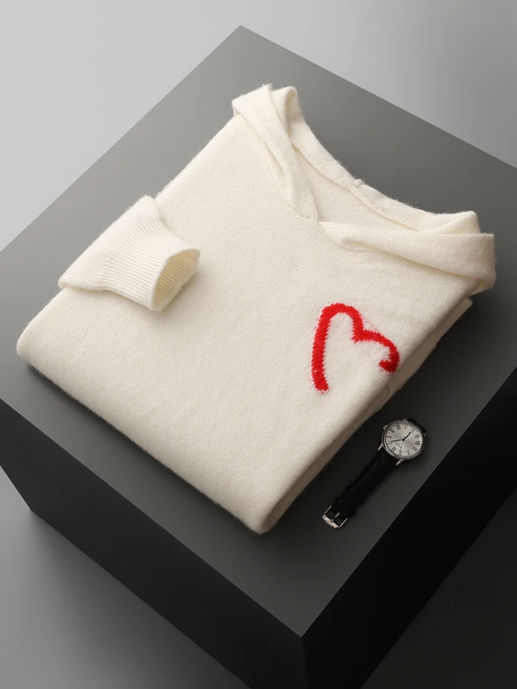 TLOML Men's 100% Merino Wool Knitwear Hooded Pullover Autumn Winter Soft Warm Cashmere Sweater Jacquard Casual Loose Style Tops