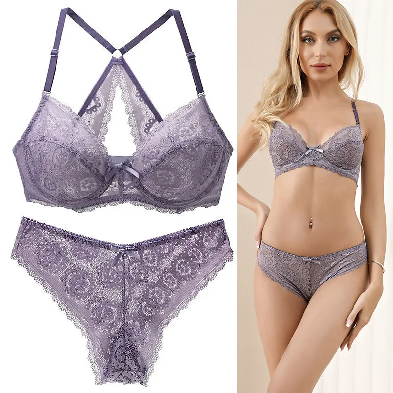 Large Size Sexy Bra Set Women Lace Big Breast Push Up Seamless Ultra-Thin Underwear Breathable Beauty Back Femme Lingerie Sets