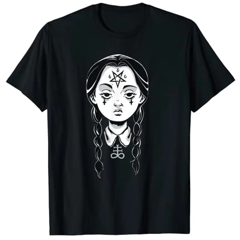 Satanic Goth Punk Girl Creepy Devil Pentagram Punk Rock T-Shirt Halloween Costume Gifts Graphic Tee Y2K Tops Gothic Style