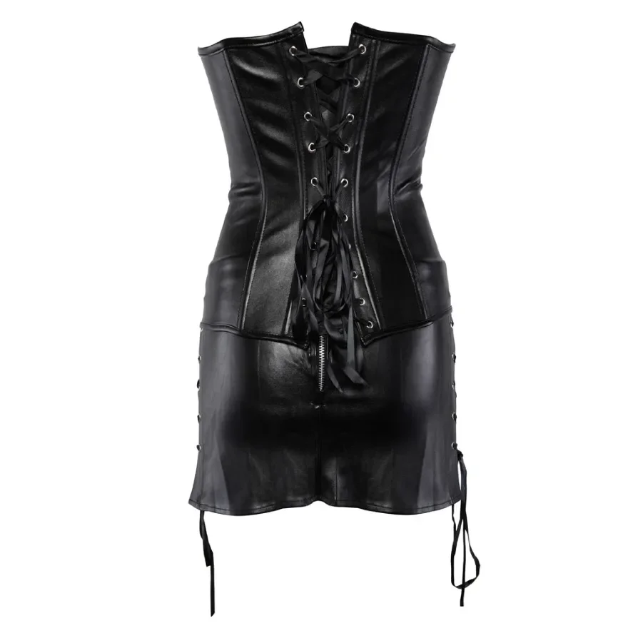 Sexy Leather Corsets Skirt Burlesque Zipper Gothic Punk Steampunk Bustier Corset Overbust Dresses Korsett Plus Size Black Red