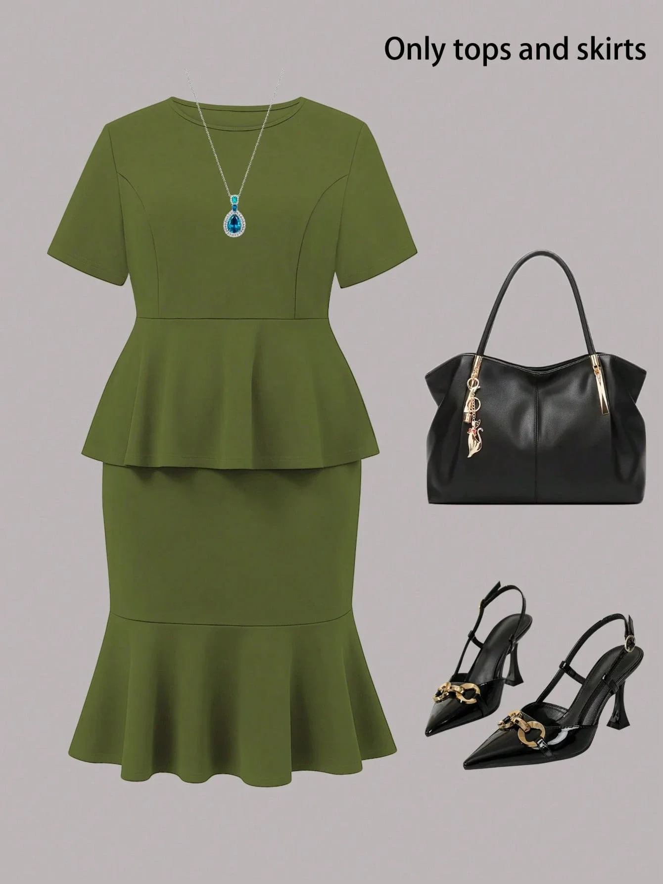 

Plus Size Women Summer Casual Elegant Solid Ruffle Peplum Top And Bodycon Skirt 2 Piece Set