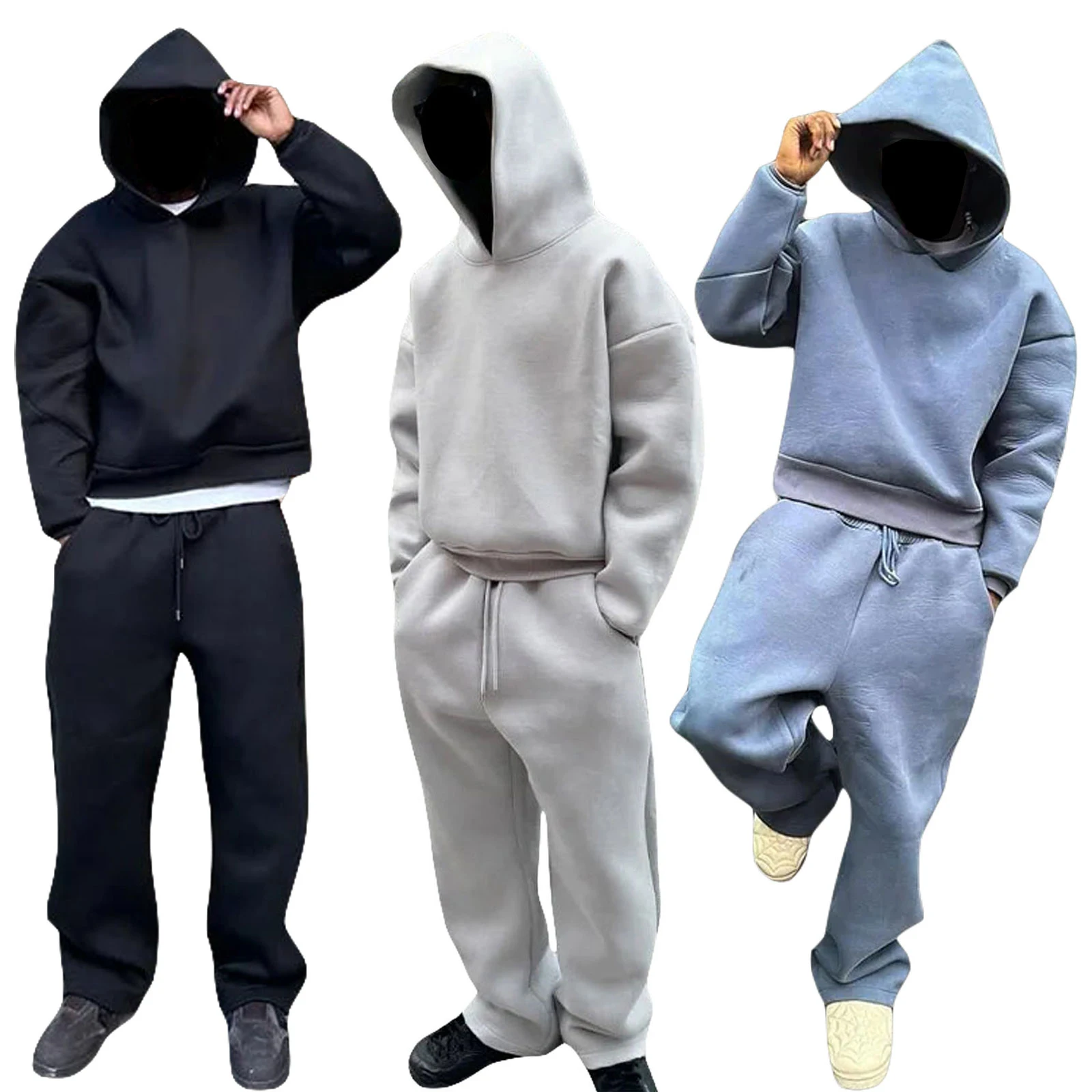 Men’s 2 Piece Tracksuit Set Long Sleeve Solid Color Hoodie + Pants Set Sweatsuit Streetwear