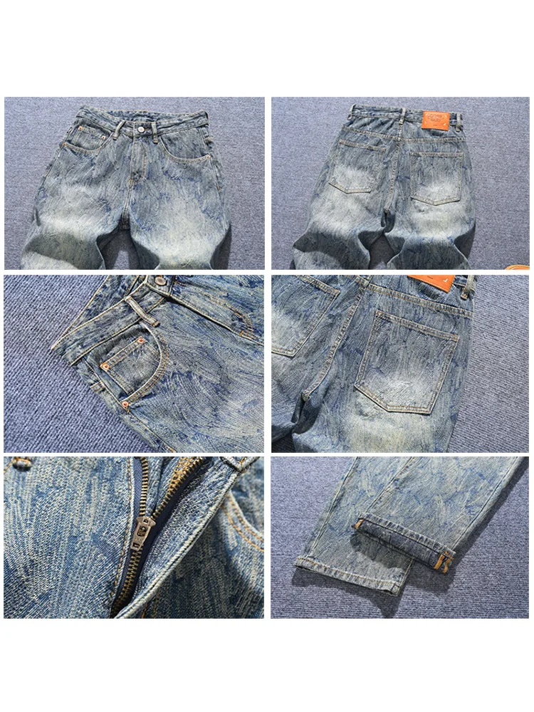 

Свободные мужские джинсы прямого кроя, модный вышитый принт, модный уличный стиль, элитные ретро и крутые брюки Y2K.