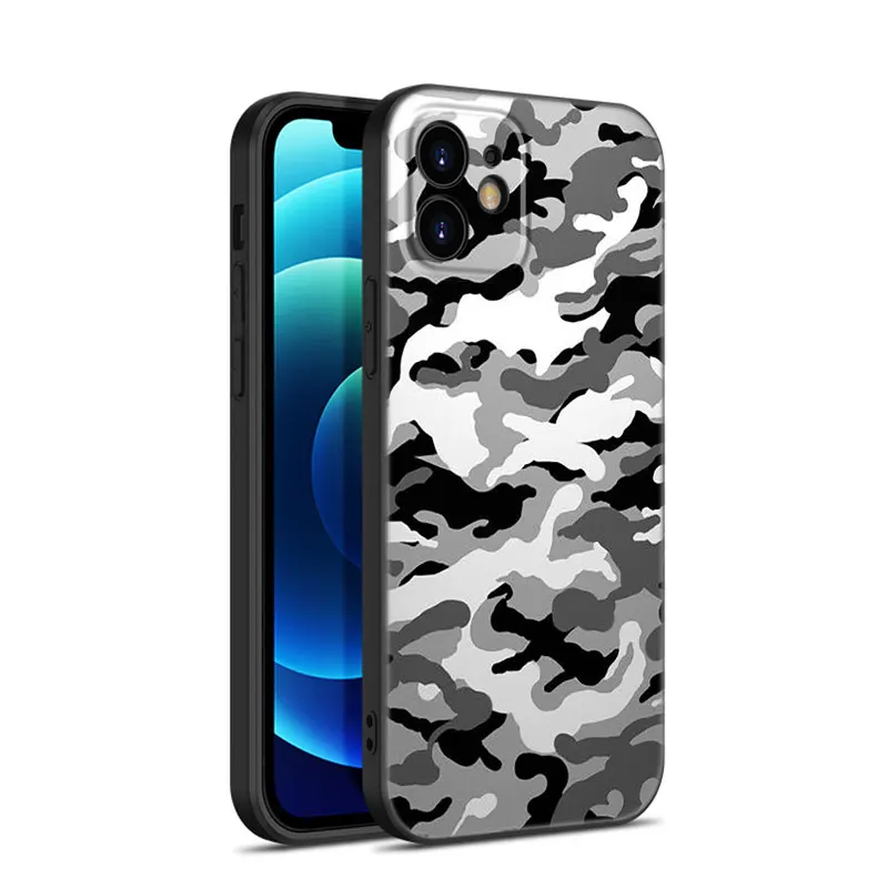 Funda de teléfono de silicona negra militar de camuflaje para Apple iPhone 12 13 Mini 11 14 15 16 Pro Max 7 8 Plus