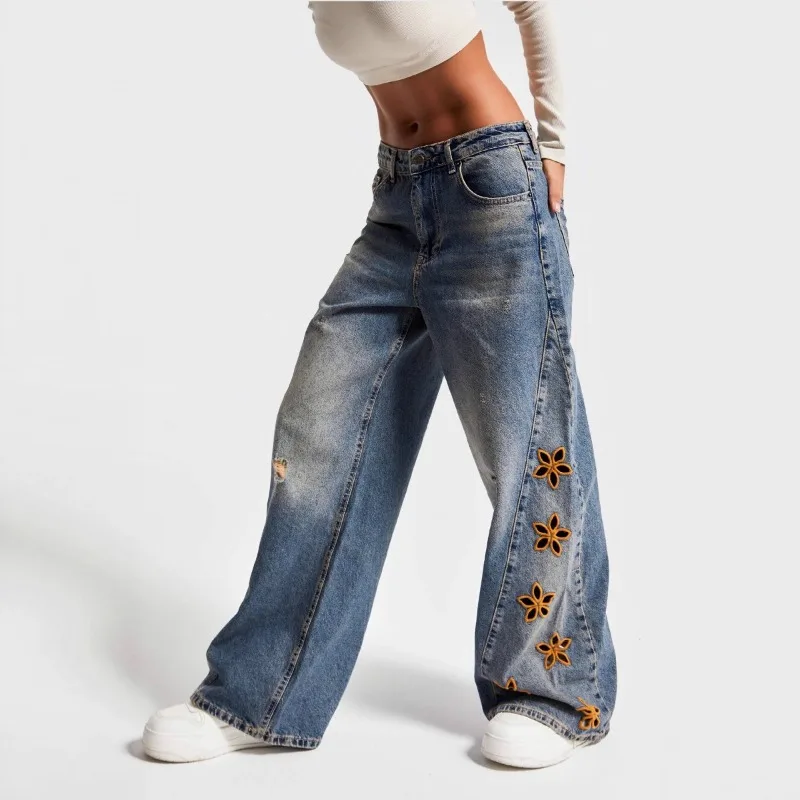 Floral Embroidered Jeans for Women High Waist Baggy Jeans Youth Streetwear Wide Leg Pants Fashion Women Clothes Denim Pants