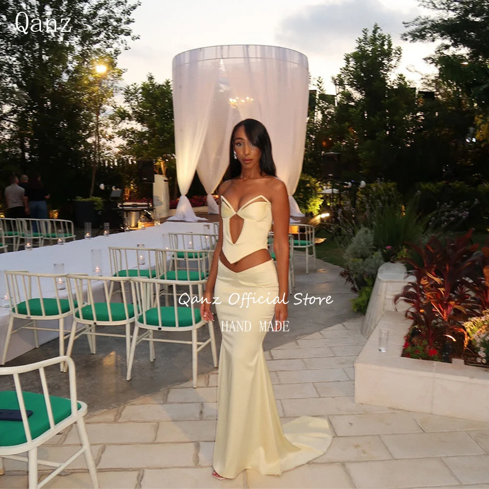 

Qanz Sexy 2-piece Set Prom Dresses Yellow Satin Mermaid Evening Dress Backless Sleeveless Women Wedding Party Dress Customized