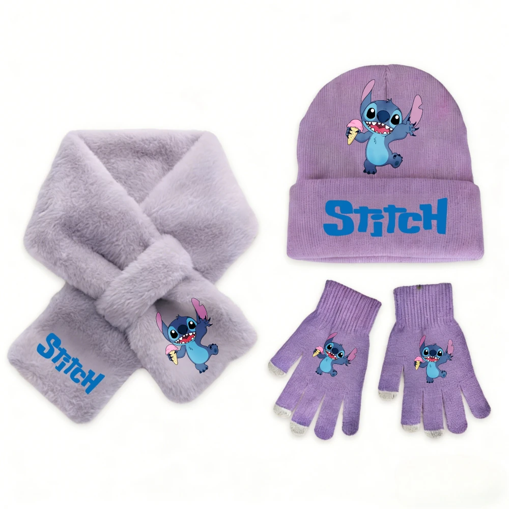 3 個ディズニーステッチファッションカジュアルアクセサリー冬暖かいかわいいニット帽子スカーフグローブセット女の子子供用完璧なクリスマスギフト