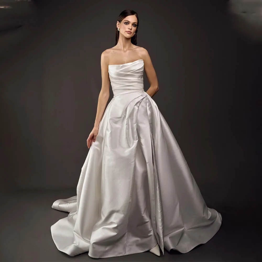 

High Quality Pleat Strapless Satin A Line Wedding Dresses Custom Made Formal Bridal Grown 2024 Vestido De Noival