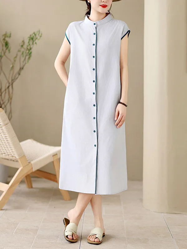 

Summer Stripe Shirt Dress Women's Medium Length Short Sleeve Stand Collar Casual High Waist A-Line Skirt Cool Feeling