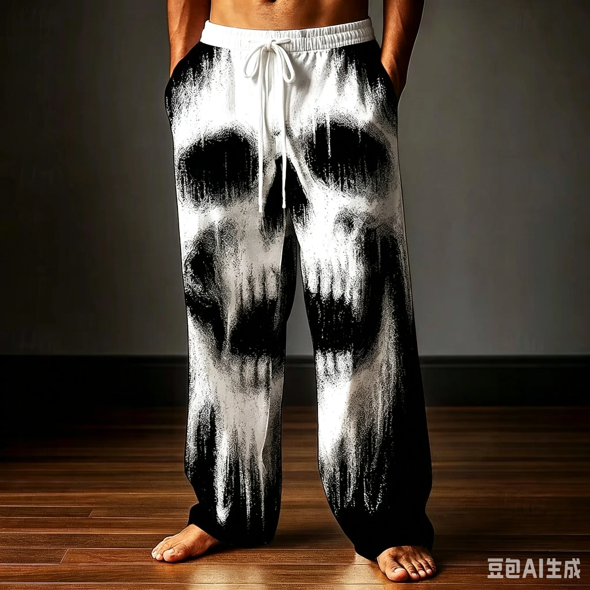 Elastic Drawstring Waist Casual Trousers Skull Print Loose Full Length Pants Fashion Street Style Bottoms With Hand Pockets