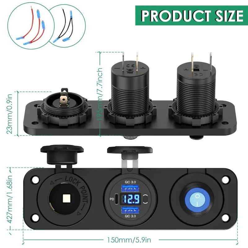 لوحة مفاتيح 3 عصابة مع شاحن USB مزدوج وخزانة سجائر، محور التحكم في الطاقة للدراجات النارية والسيارة #2