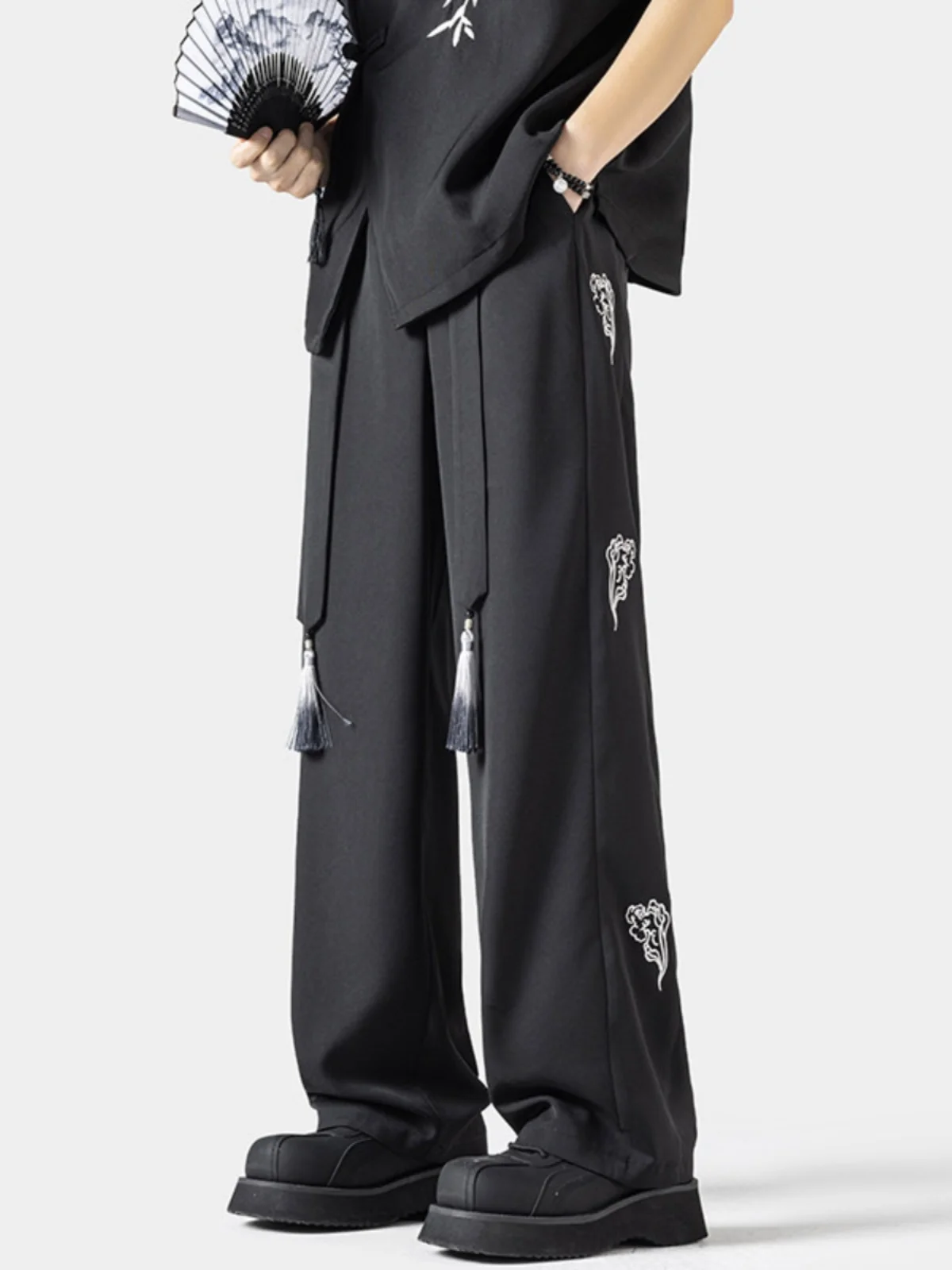 

Ice Silk Men's Summer Thin Wide Leg Pants Dra Embroidery Sa New Chinese Sle Long und Pants Casual Straight Leg Tro...