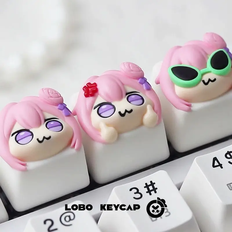 Cute Pink Hair Anime Girl Resin Artisan Keycap With Rose Decor Custom Esc Key For Mechanical Keyboard Gaming Setup Gift
