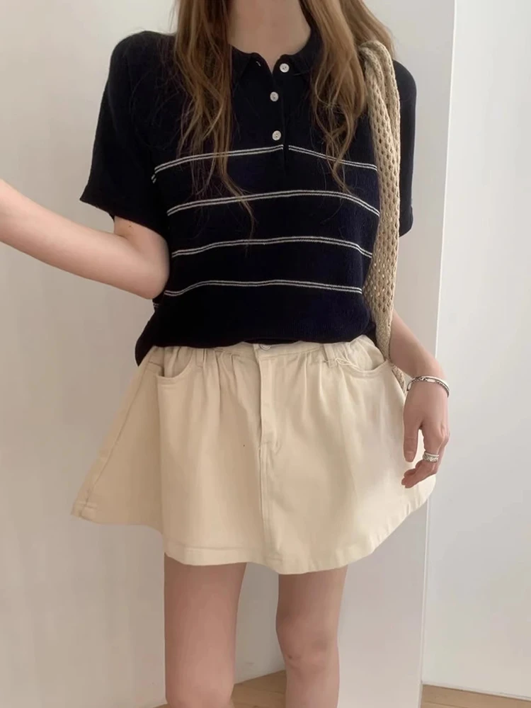 

Gagarich Korean 2025 Niche Retro Thin Striped Knitted Sweater Women Summer New Style Contrasting Loose Short Pullover Top