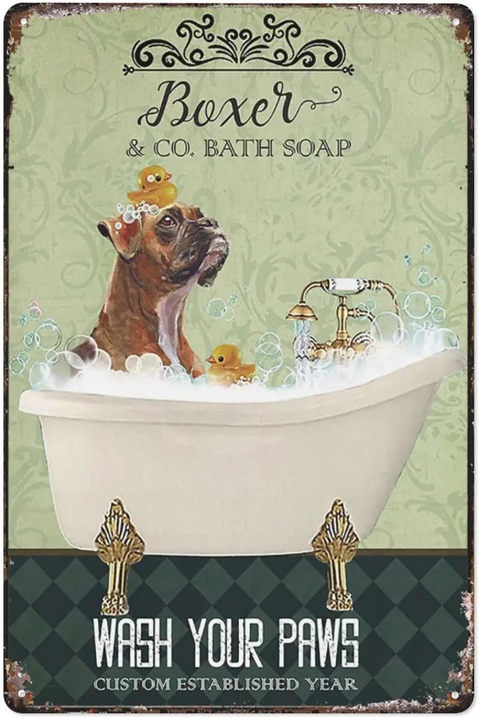 Vintage Tin Sign Boxer Dog In Bathtub Bath Soap Established Wash Your Paws Bathroom Wall Decoration Cave Bar Kitchen Home Decora