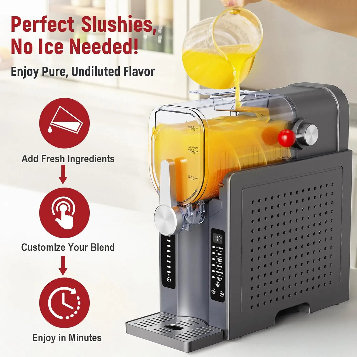

Machine: No Ice Needed All-in-One Slushy Maker for Home, Real-Time Temp Display, Auto-Clean, 6 Preset | Frozen Margaritas