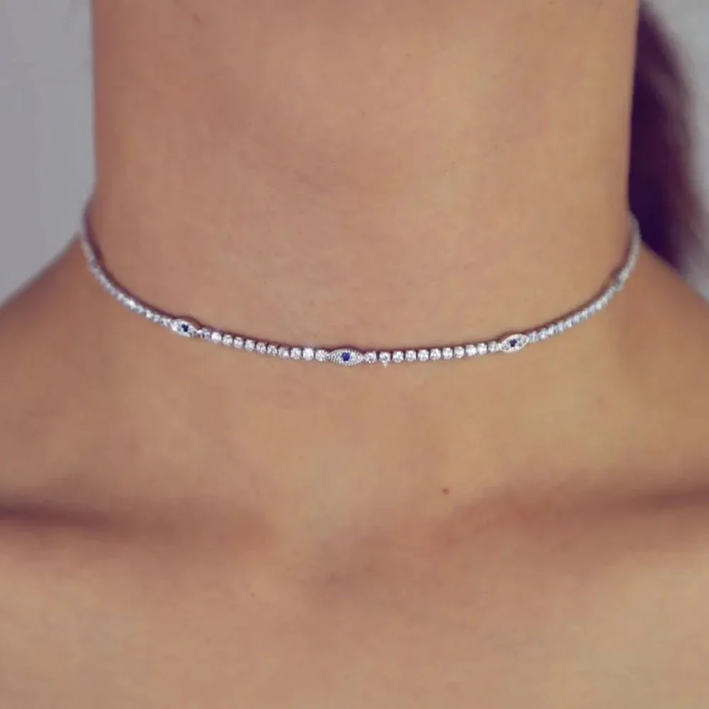 لامعة حجر الراين المختنق قلادة للنساء ، عين الشر ، التركية الأزرق العين ، كريستال تنس سلسلة ، مجوهرات اكسسوارات ، موضة