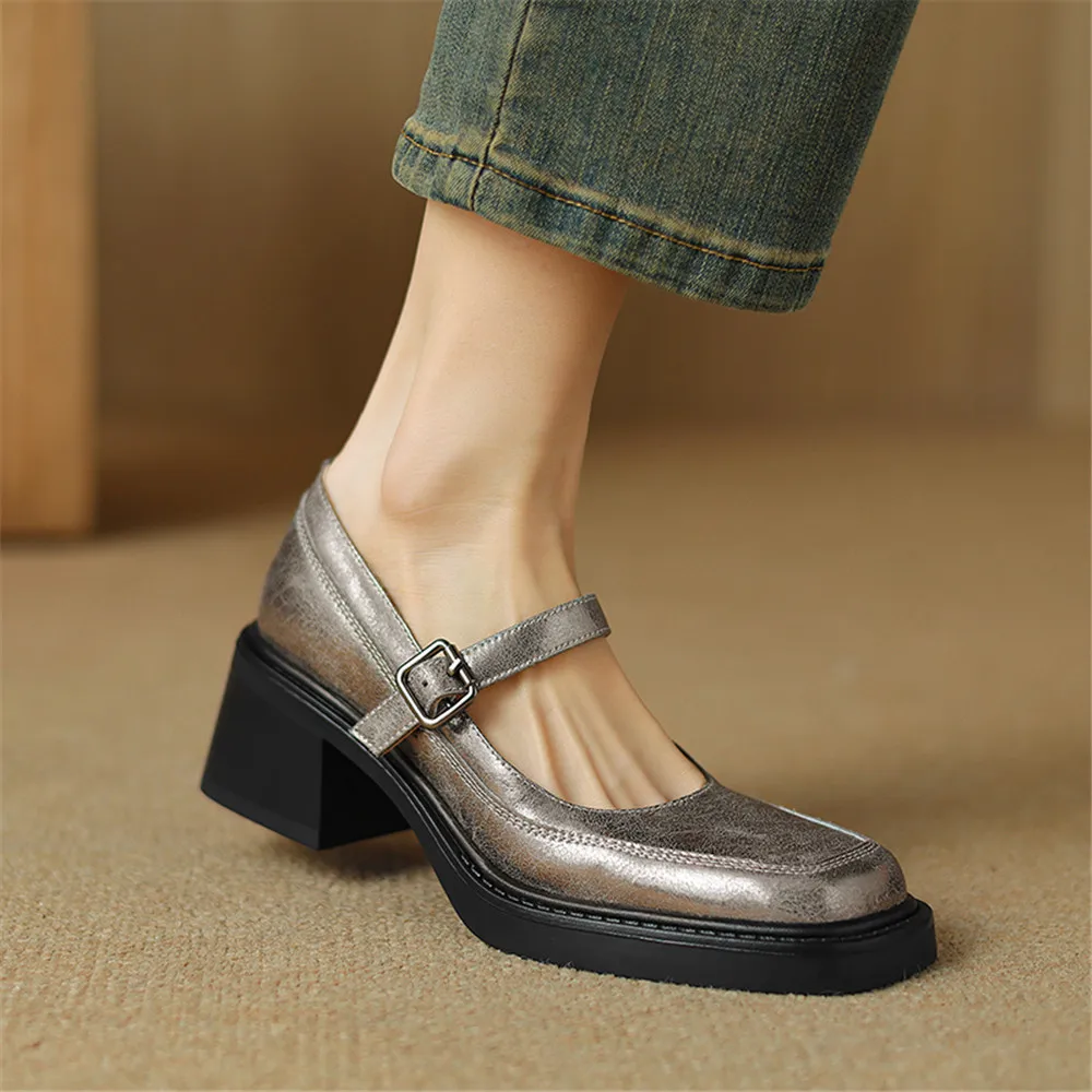 FEDONAS 2024 Women Genuine Leather Pumps Buckles Fashion Square Toe Party Wedding Shoes Woman Thick High Heeled Office Pumps