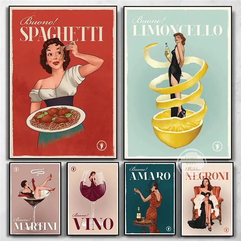 Italian Vintage Cocktail Drink Wine Spaghetti Lemon Poster Illustration Art Canvas Painting Print Pasta Food Kitchen Wall Decor