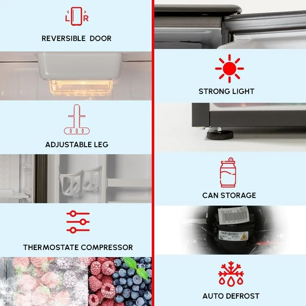 E-Star 3.3 Cu Ft Mini Fridge without Freezer - AUTO DEFROST, Reversible Single Door, Glass Shelf Refrigerator - A Space-Saving M
