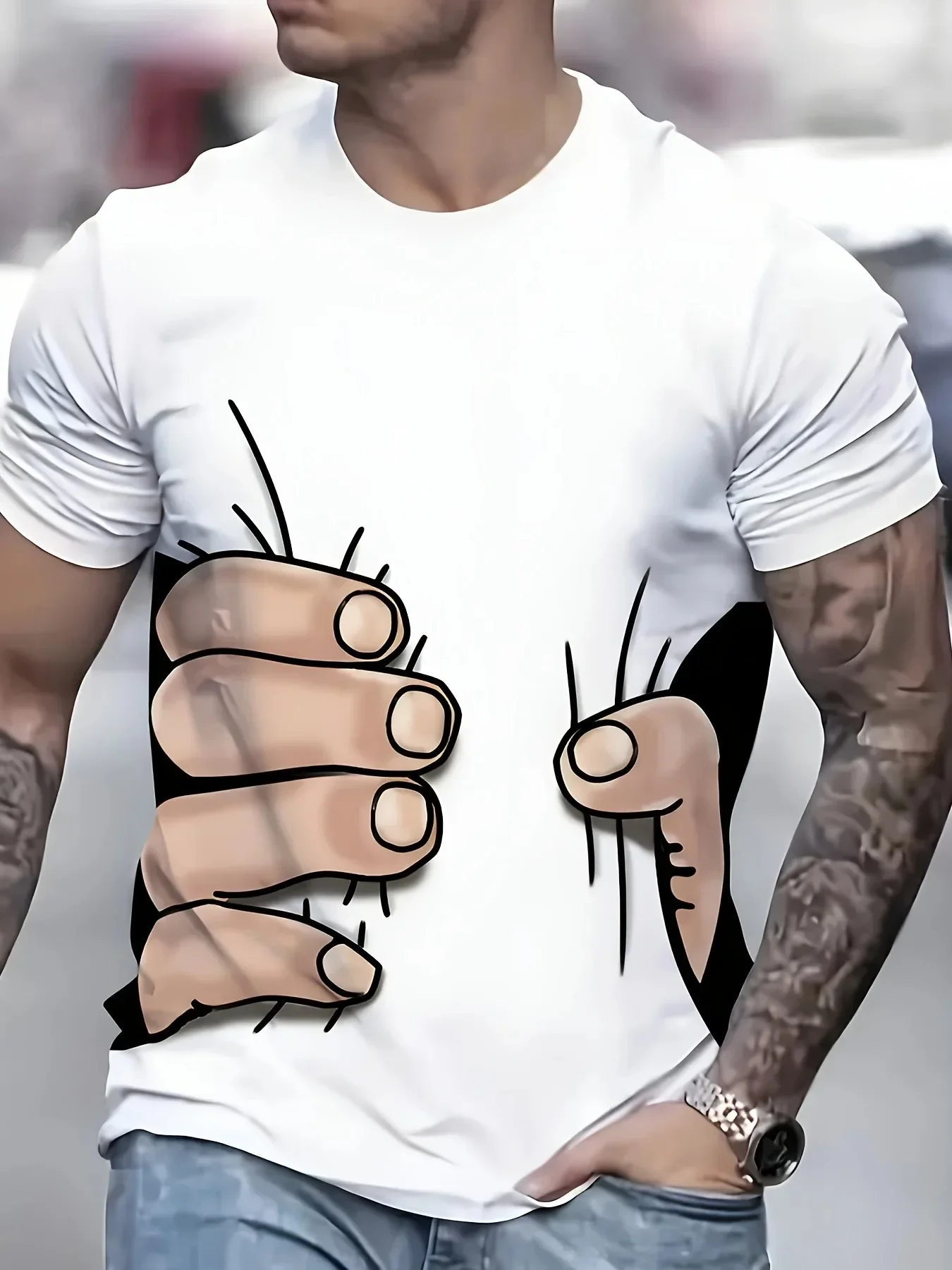 Lustiges 3D-gedrucktes Freizeit-T-Shirt für Zuhause und Outdoor, Sommerliches Lockeres Atmungsaktives Kurzarm-Rundhals-T-Shirt für Tägliches Tragen und Streetwear für Männer