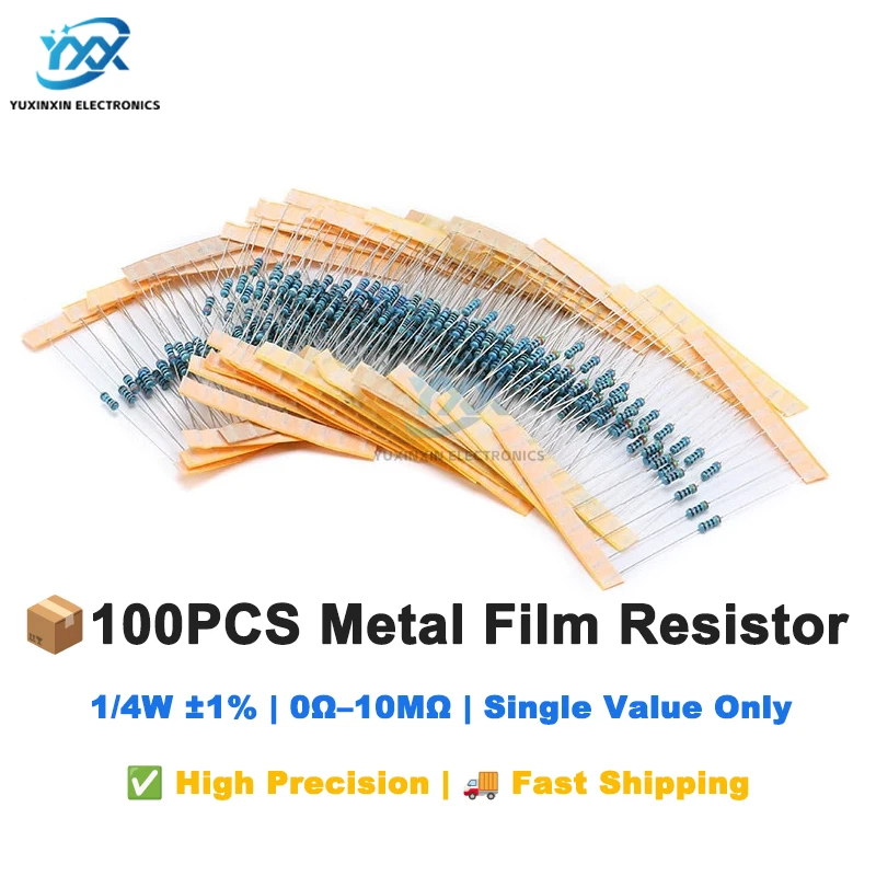 100PCS 1/4W 1% 금속 필름 저항기 색상 코드 유형 Arduino DIY 전자 수리 회로 구성 요소 용 0Ωto10MΩ 저항