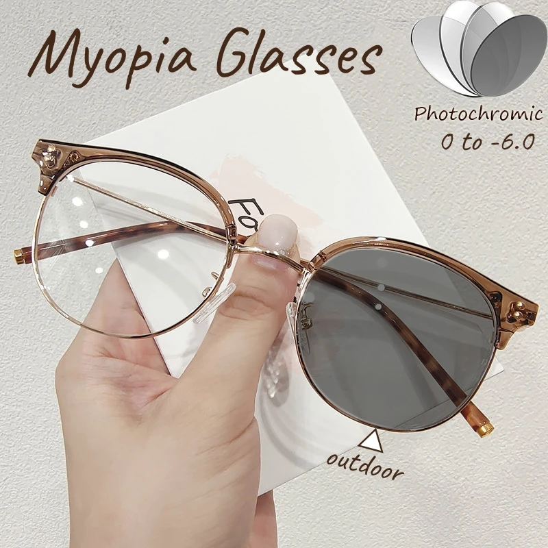 

Фотохромные очки для близорукости в полурамке, круглая оправа, очки для близорукости с защитой от синего света, ультра легкие очки унисекс для близорукости