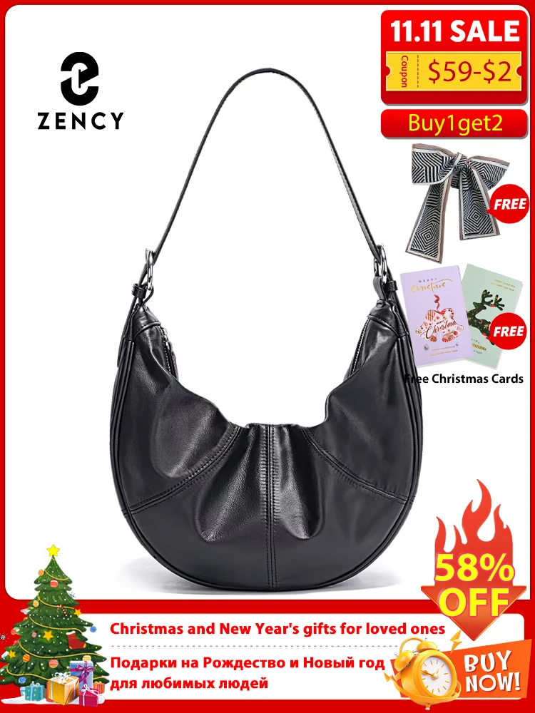 

Zency Women's Genuine Leather Large Beige Black Hobo Bag Shoulder Cross Body Large Handbag Designer Tote Bag Pleated Leather