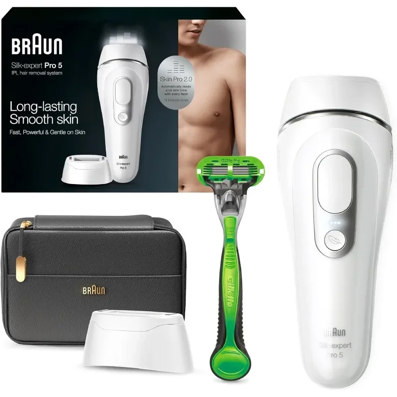 Braun IPL Long Lasting Laser Hair Removal Device for Men and Women, PL5145, with Gillette Razor, Pouch, and Wide Cap Head