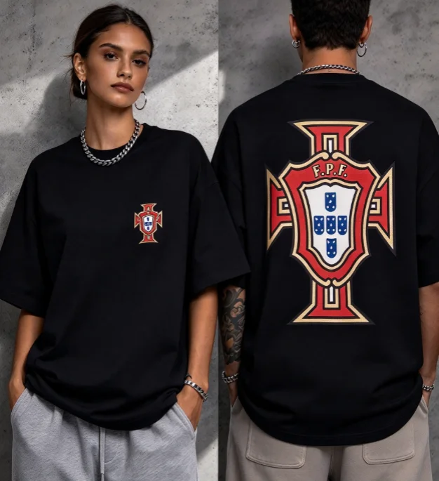 2026 new Soccer National Team Red Shield Badge Graphic Front Back Print Black Adult Unisex Loose Short Sleeve Fan T-shirt