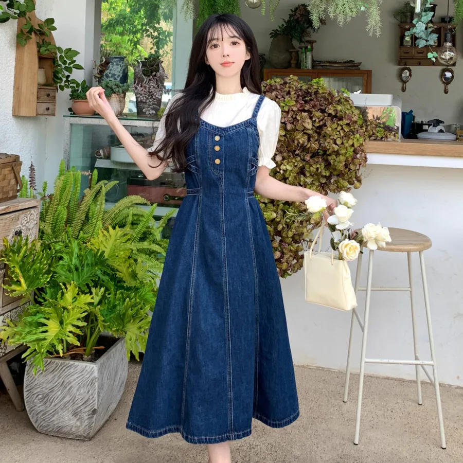 

Summer Denim Strap Dress Women Casual Sleeveless A-line Jeans Dress Preppy Style Button Blue Overalls Vestidos Mujer