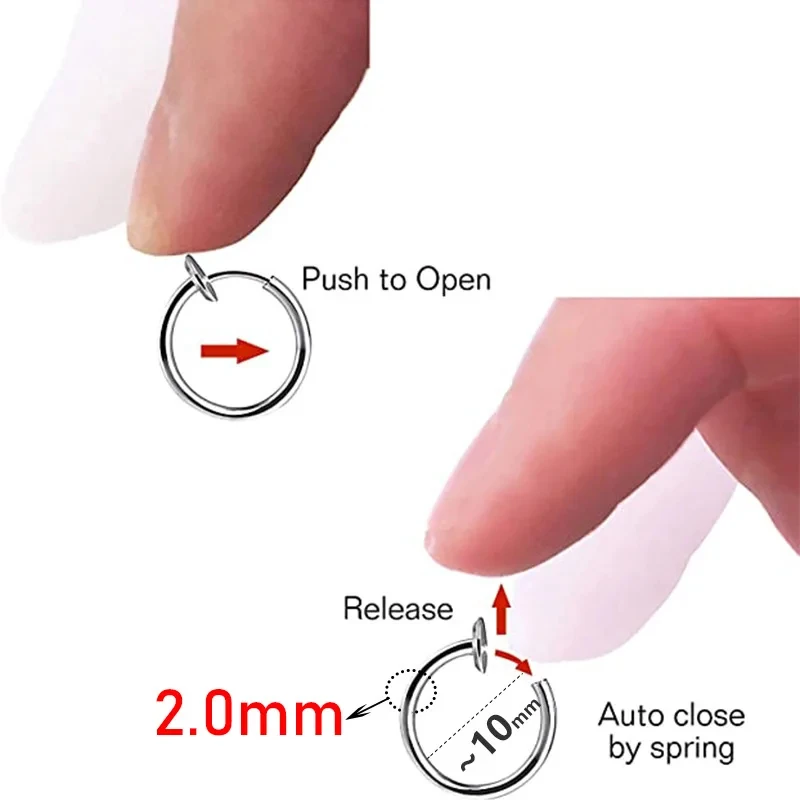 2Pcs Small Hoop Spring Ear Clips Earrings For Women Men Stainless Steel Painless No Piercing Stealth Fake Ear Jewelry 8-20mm